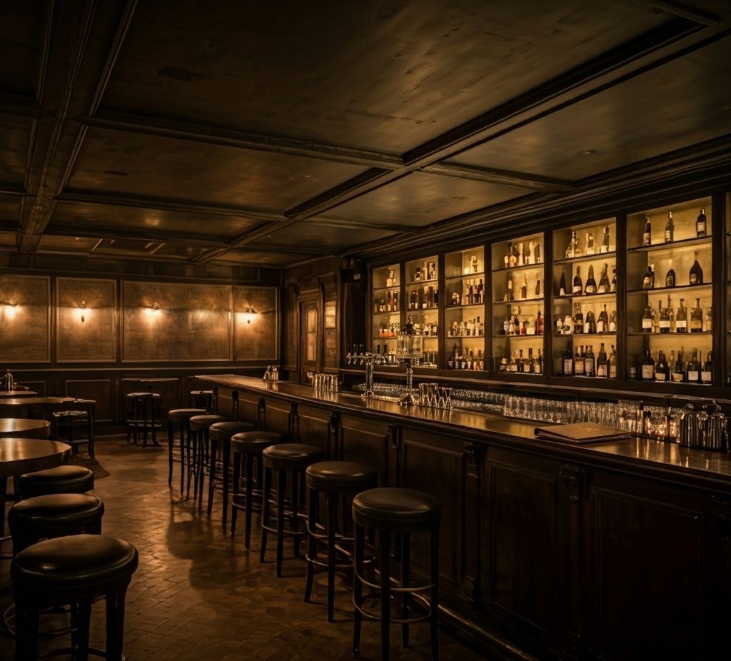 moody high end wine bar interior with dark wood and warm lighting