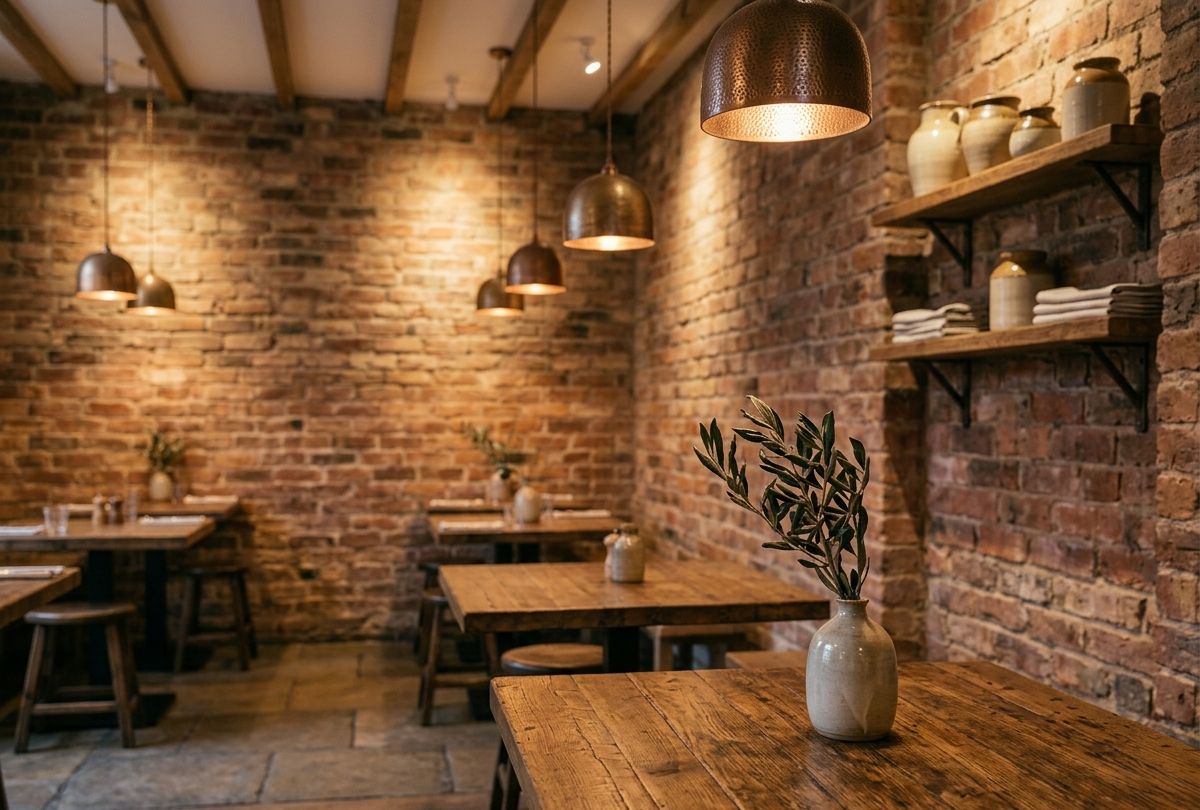 minimalist welcoming restaurant, warm ambient lighting